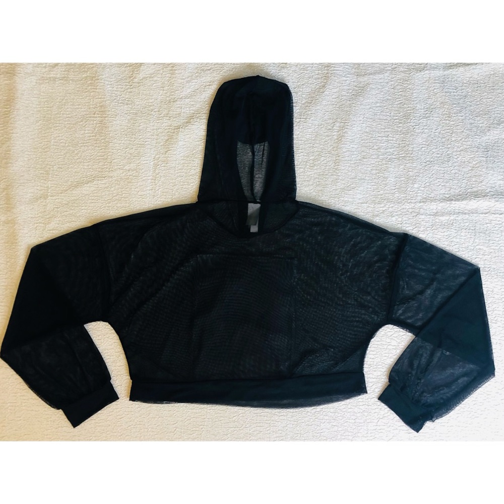 Embellished Graphic Mesh Crop Top Hoodie w/ 3D Raised Detailing. - Picture 4 of 10